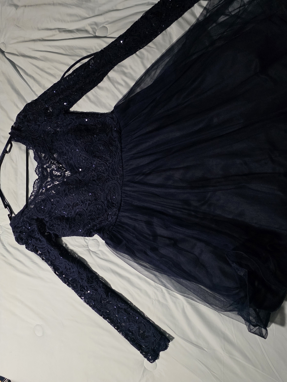 My Michelle Navy Lace & Tulle Long-Sleeve Dress